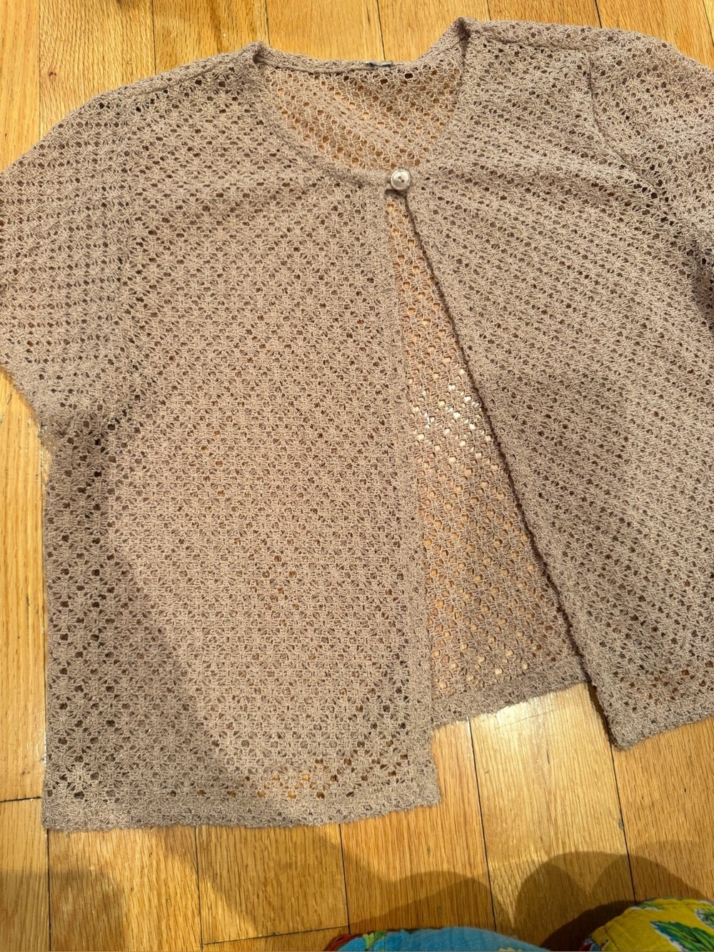 Vintage Taupe Open Knit Crochet Cardigan | Single Button Boho Beach Cover Up | - Picture 6 of 7